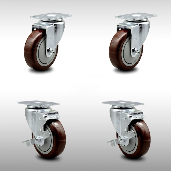 4 Inch SS Maroon Polyurethane Swivel Top Plate Caster Set with 2 Brakes SCC